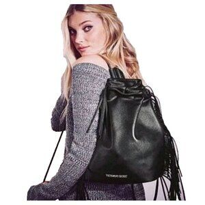Victorias Secret Black Hobo Backpack Fashion Show Bag Fringe Drawstring Purse
